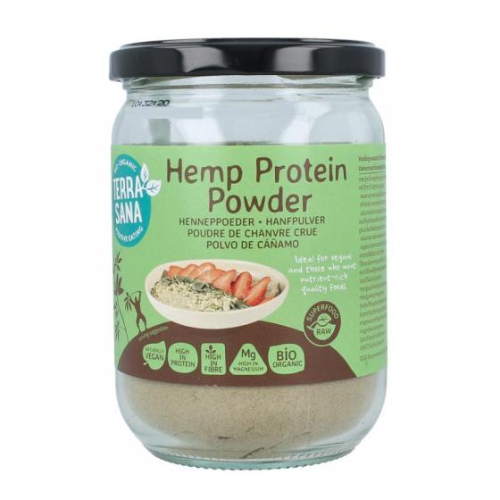 Raw hennep protein poeder in glas bio