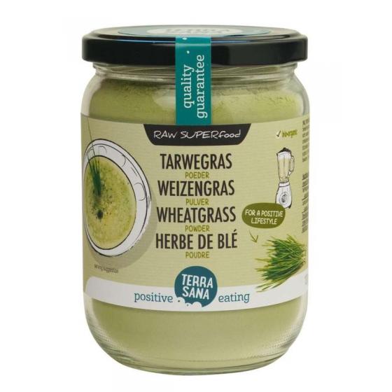 Raw tarwegras poeder in glas bio