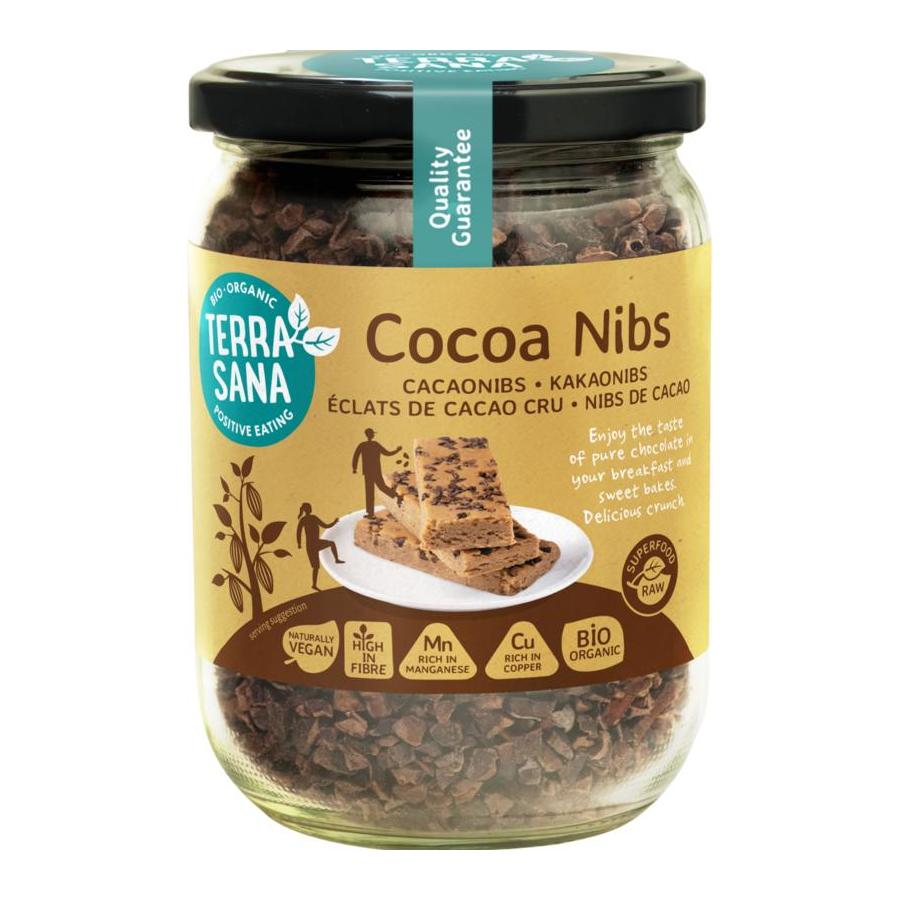 Raw cacao nibs in glas bio
