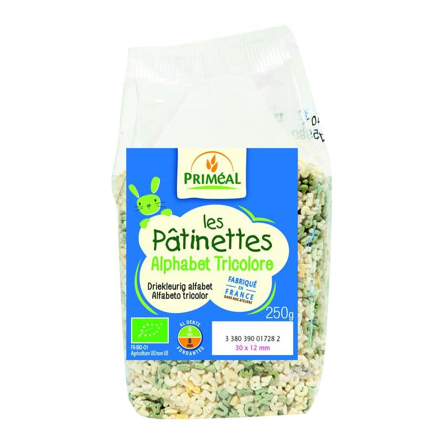 Pasta driekleurig alfabet bio