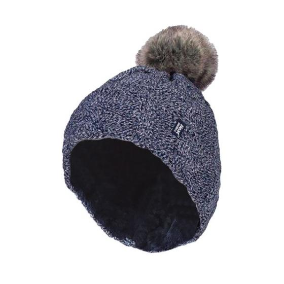 Ladies turnover cable hat with pom pom navy